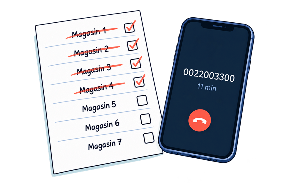 Liste de magasins déjà appelés et téléphone affichant onze minutes d'attente