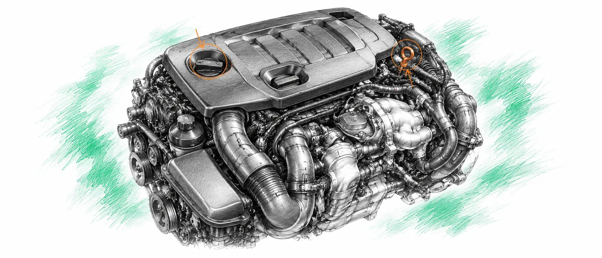 Illustration technique du moteur BMW 320d E90 avec jauge et bouchon de remplissage d’huile