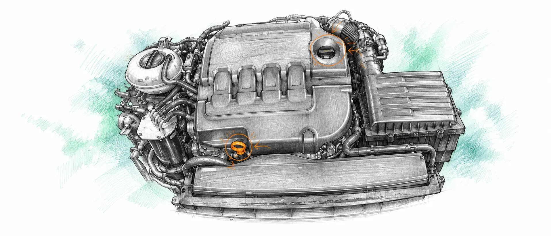 Illustration technique du moteur Golf 7 1.6 TDI avec jauge et bouchon de remplissage d’huile