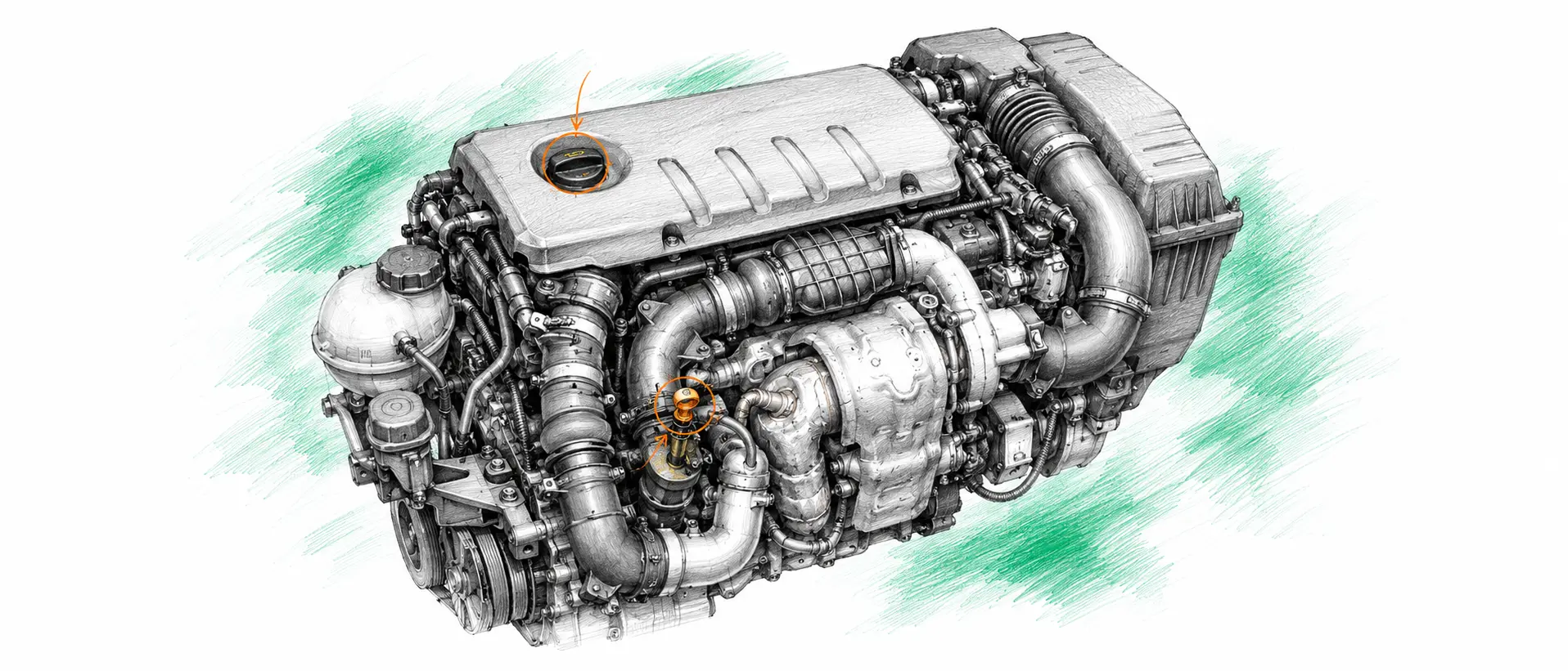 Illustration technique du moteur Peugeot 207 1.6 HDI avec jauge et bouchon de remplissage d’huile