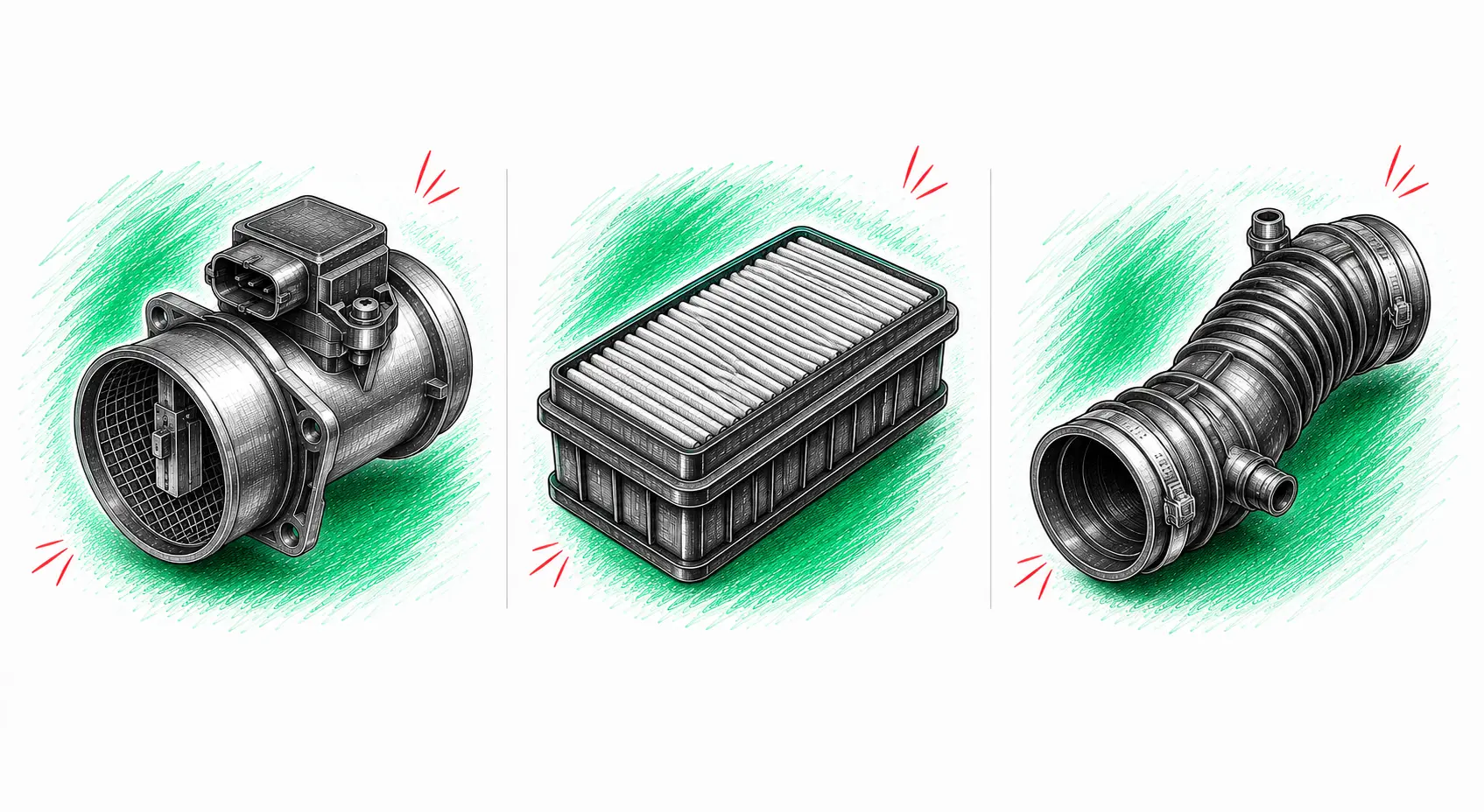 Illustrations techniques des pièces à contrôler pour le code défaut P0101