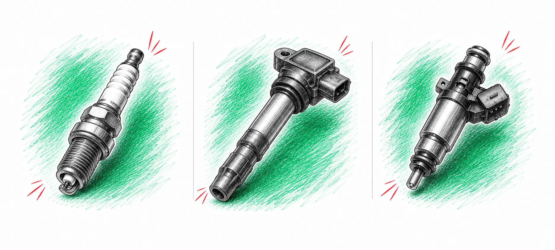 Illustrations techniques des pièces à contrôler pour le code défaut P0300