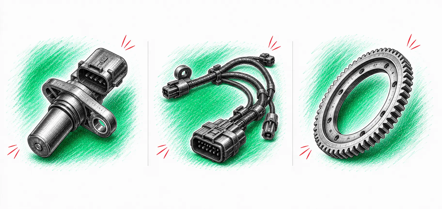 Illustrations techniques des pièces à contrôler pour le code défaut P0335