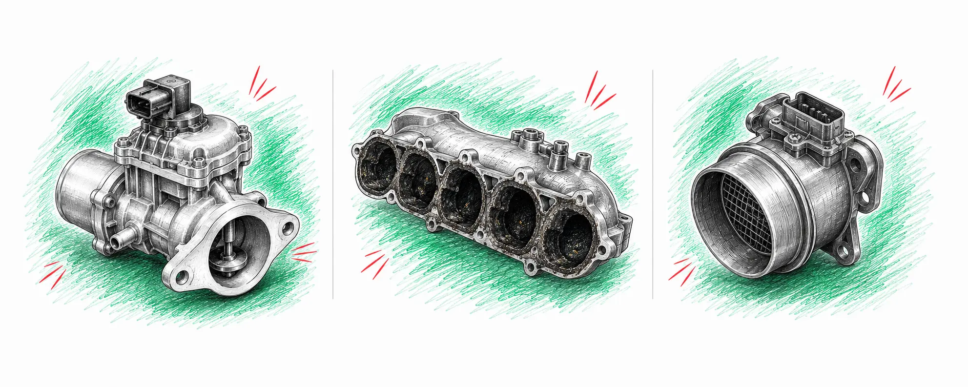 Illustrations techniques des pièces à contrôler pour le code défaut P0401