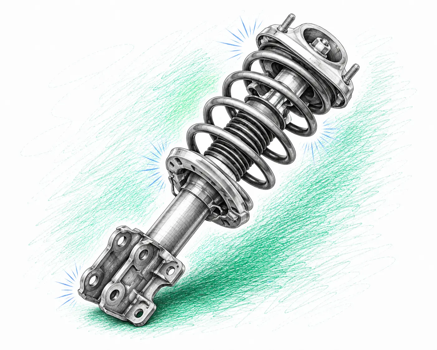 Illustration technique d’un amortisseur avant Peugeot 208 1.6 HDI