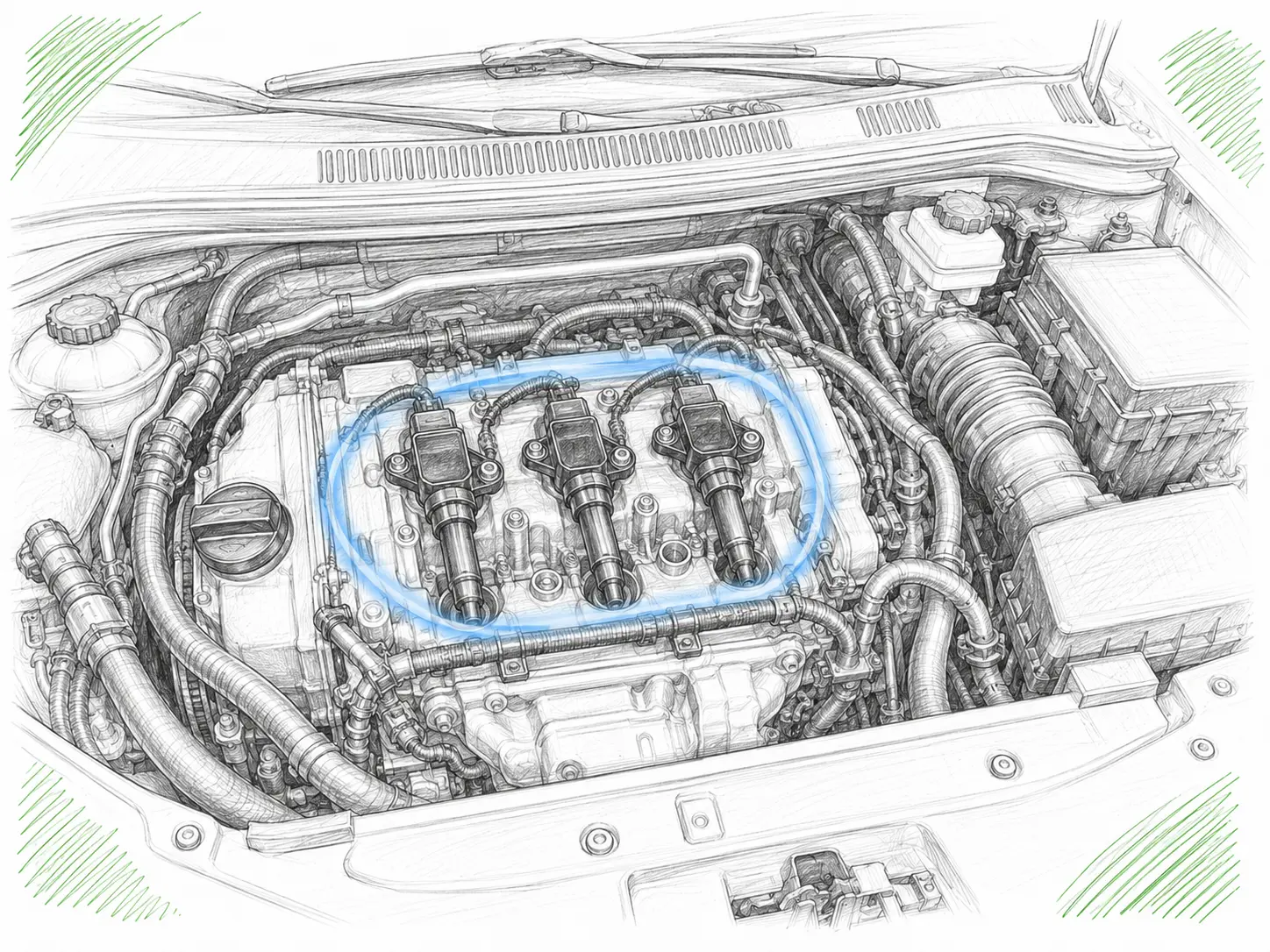 Croquis indicatif de l’emplacement de la bobine d’allumage sur Peugeot 3008 II 1.2 PureTech