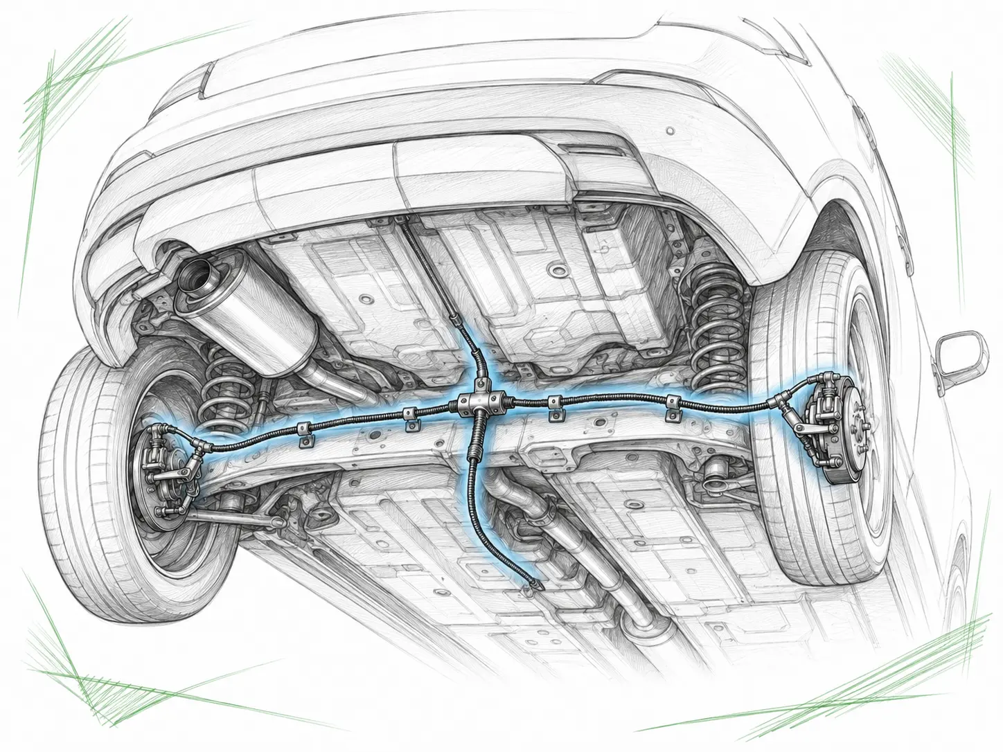 Croquis indicatif de l’emplacement du câble de frein à main sur Nissan Qashqai II 1.5 dCi