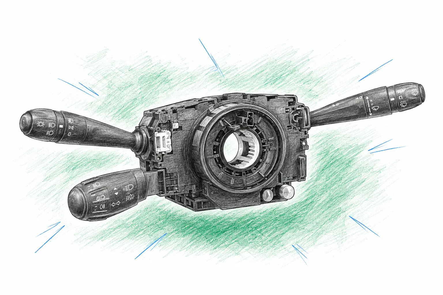 Illustration technique d’un bloc de commandes sous volant Peugeot 208 II 1.2 PureTech