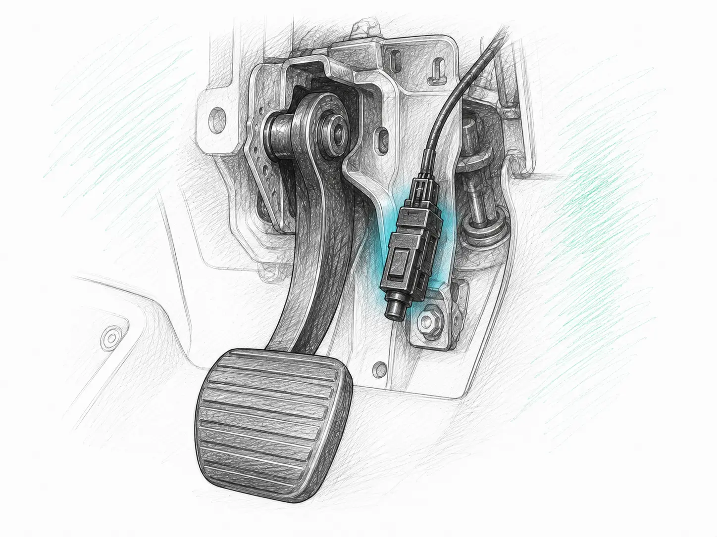 Croquis indicatif de l’emplacement du contacteur de frein sur Dacia Sandero II 0.9 TCe