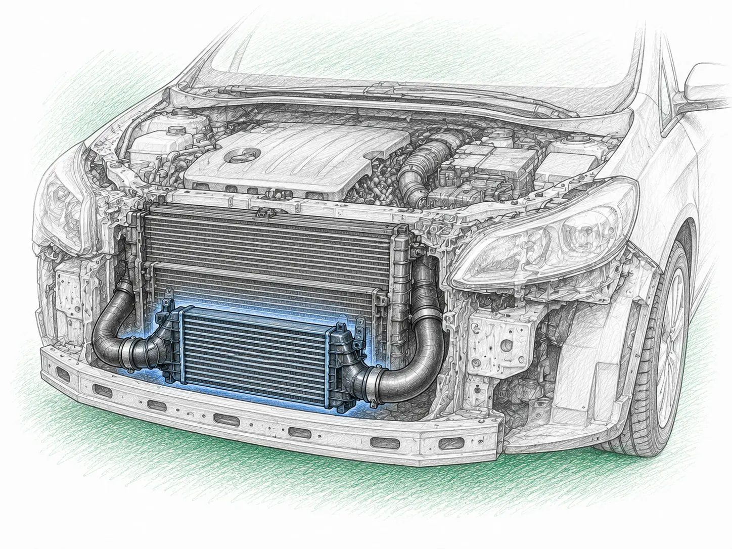 Croquis indicatif de l’emplacement de l’échangeur air-air sur Ford Focus III 1.6 TDCi