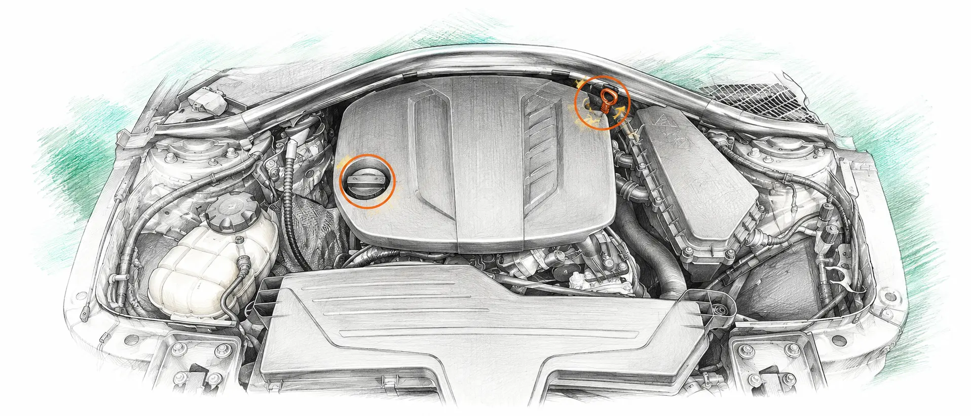 Illustration technique du moteur BMW Série 1 F20/F21 116d avec jauge et bouchon de remplissage d’huile