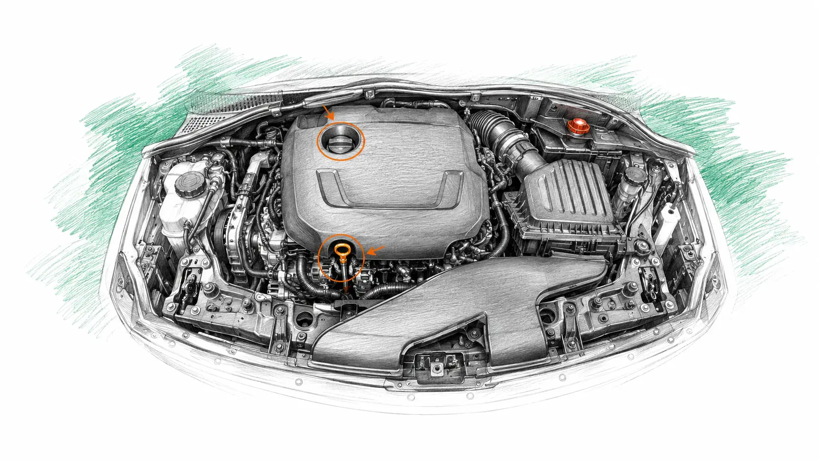 Illustration technique du moteur BMW Série 2 F45/F46 216d avec jauge et bouchon de remplissage d’huile