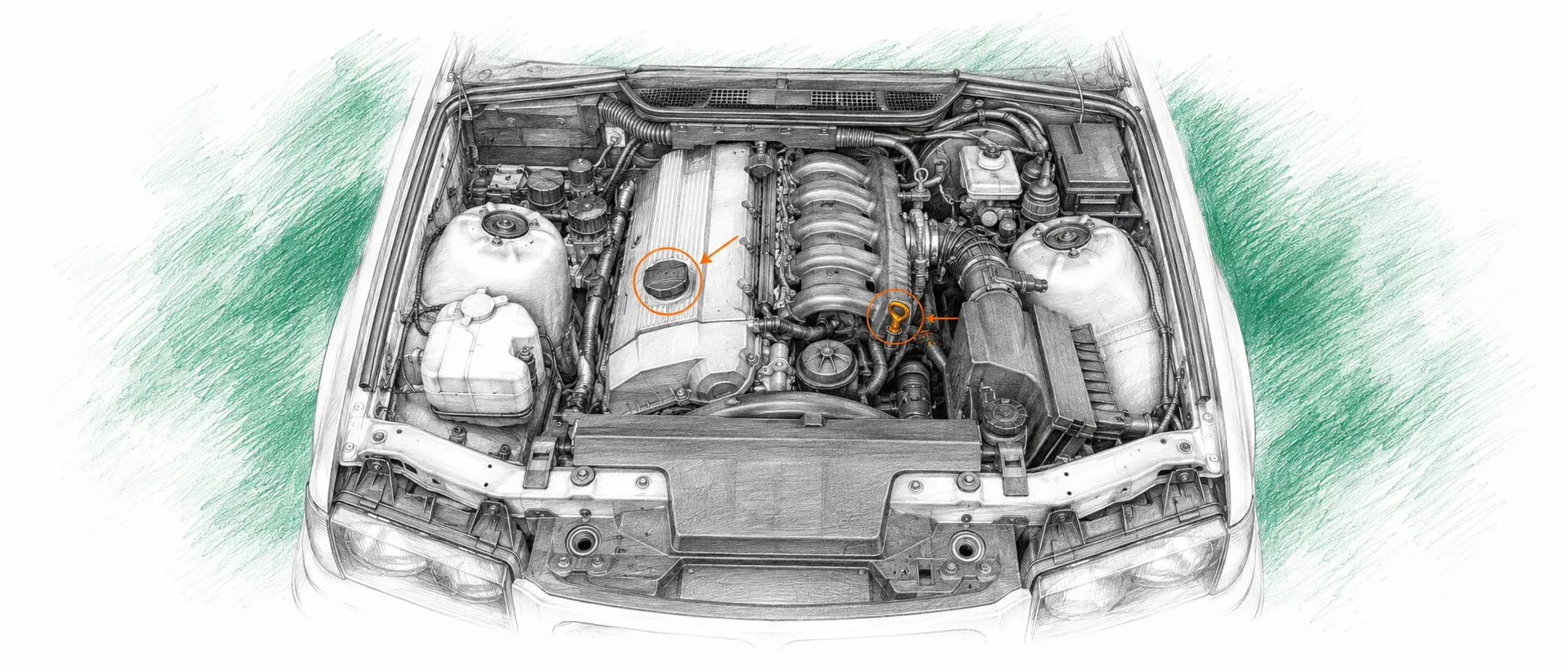 Illustration technique du moteur BMW Série 3 E36 318i avec jauge et bouchon de remplissage d’huile
