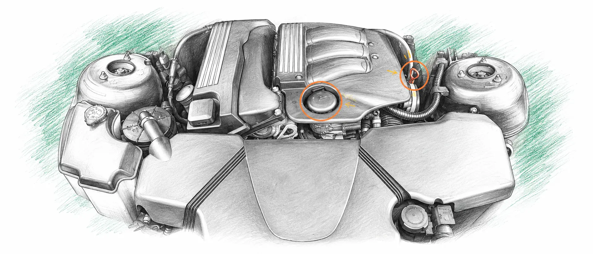 Illustration technique du moteur BMW Série 3 E46 320d avec jauge et bouchon de remplissage d’huile