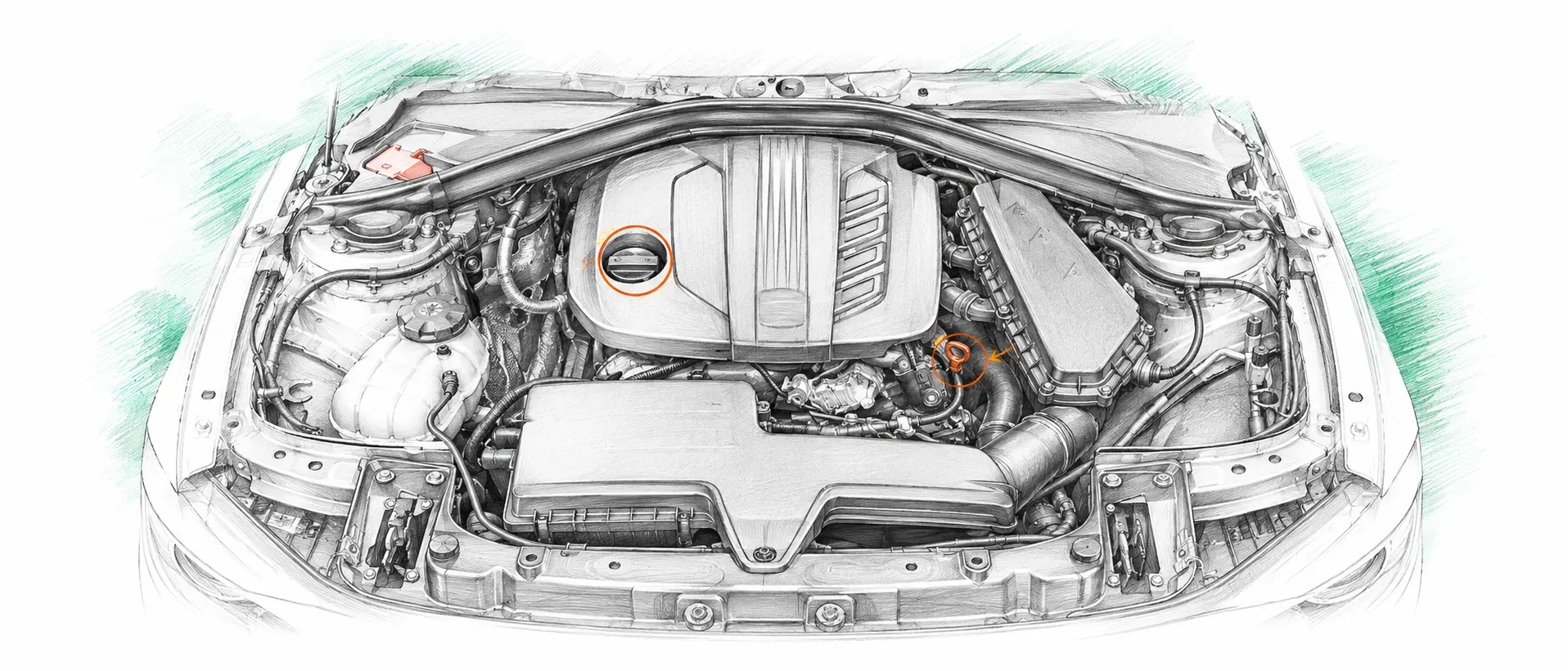 Illustration technique du moteur BMW Série 3 F30/F31/F34 318d avec jauge et bouchon de remplissage d’huile