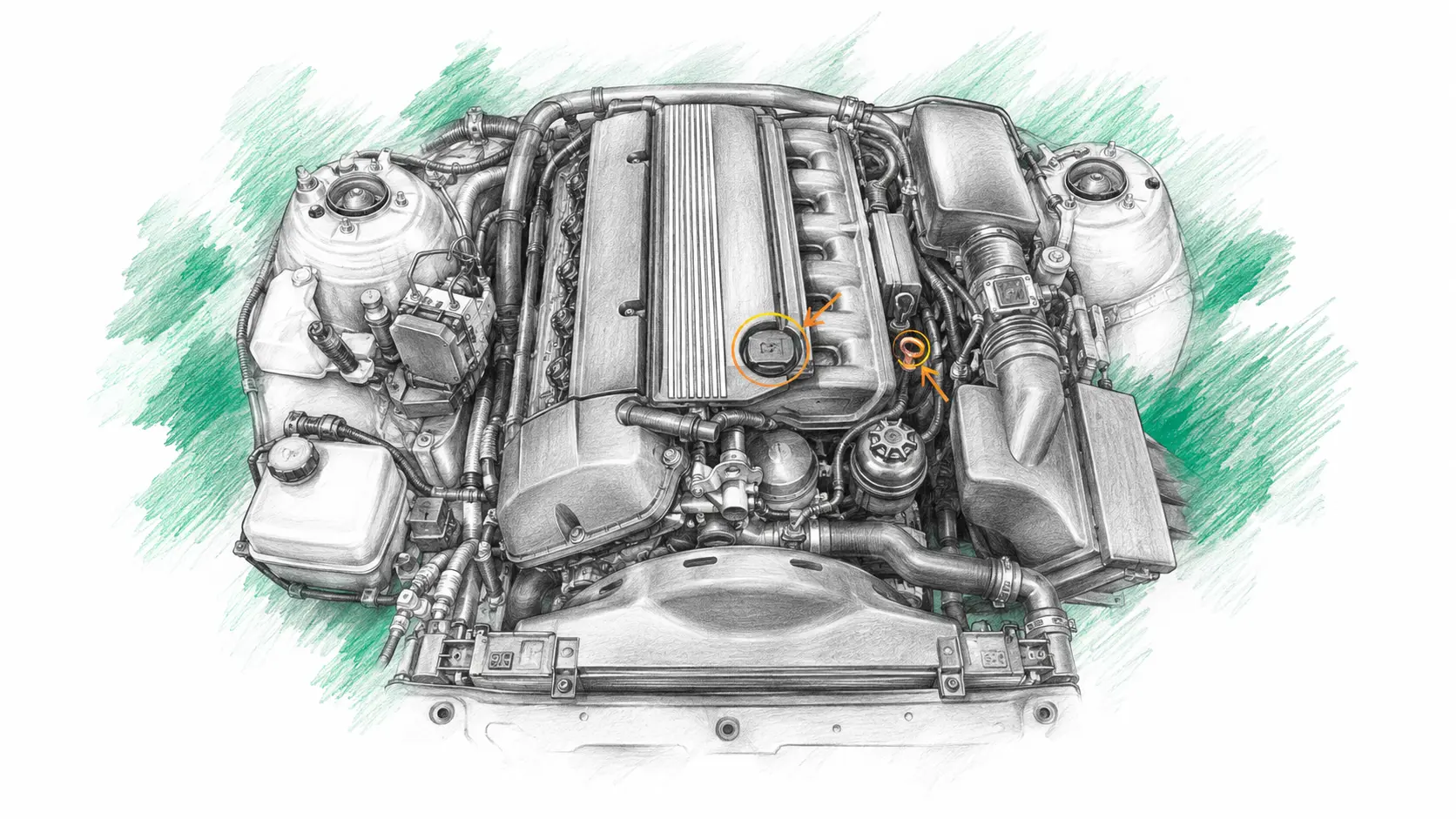 Illustration technique du moteur BMW Série 5 E39 530d avec jauge et bouchon de remplissage d’huile