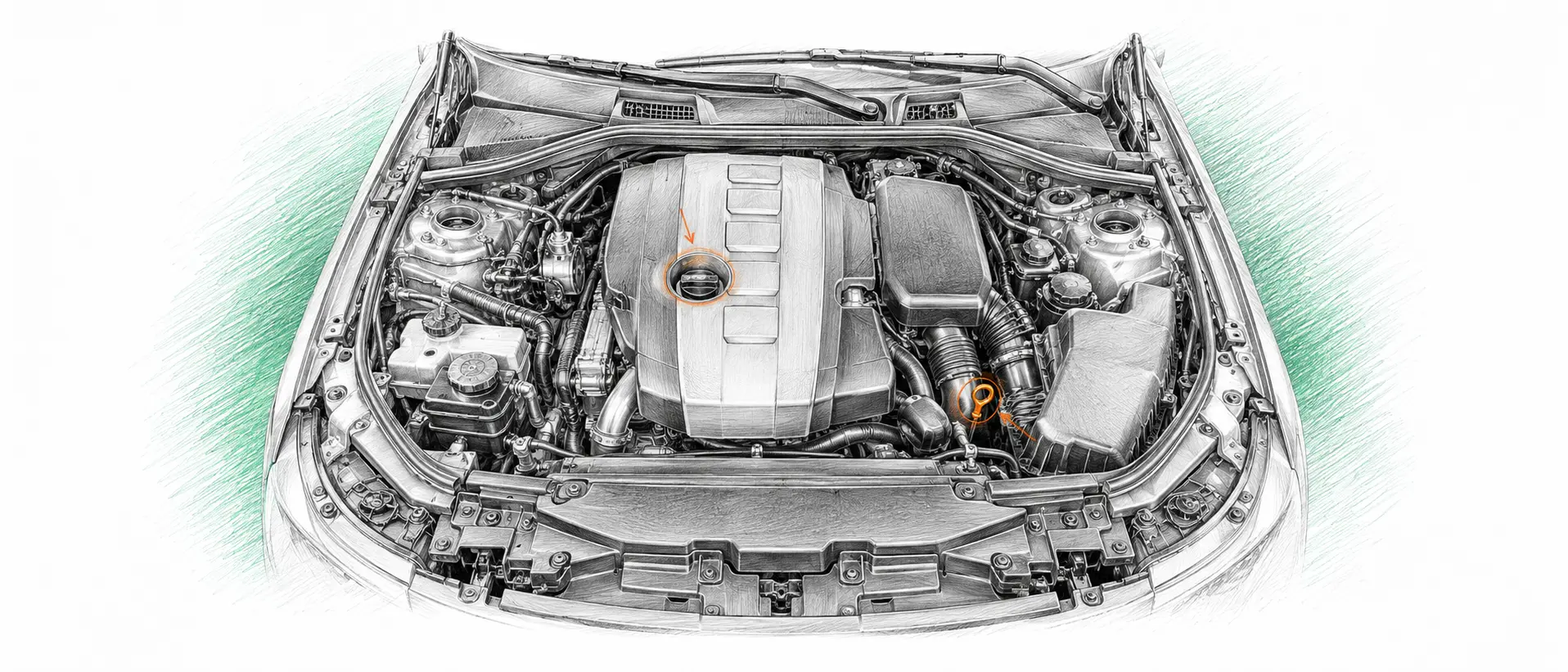 Illustration technique du moteur BMW Série 5 E60/E61 525d avec jauge et bouchon de remplissage d’huile