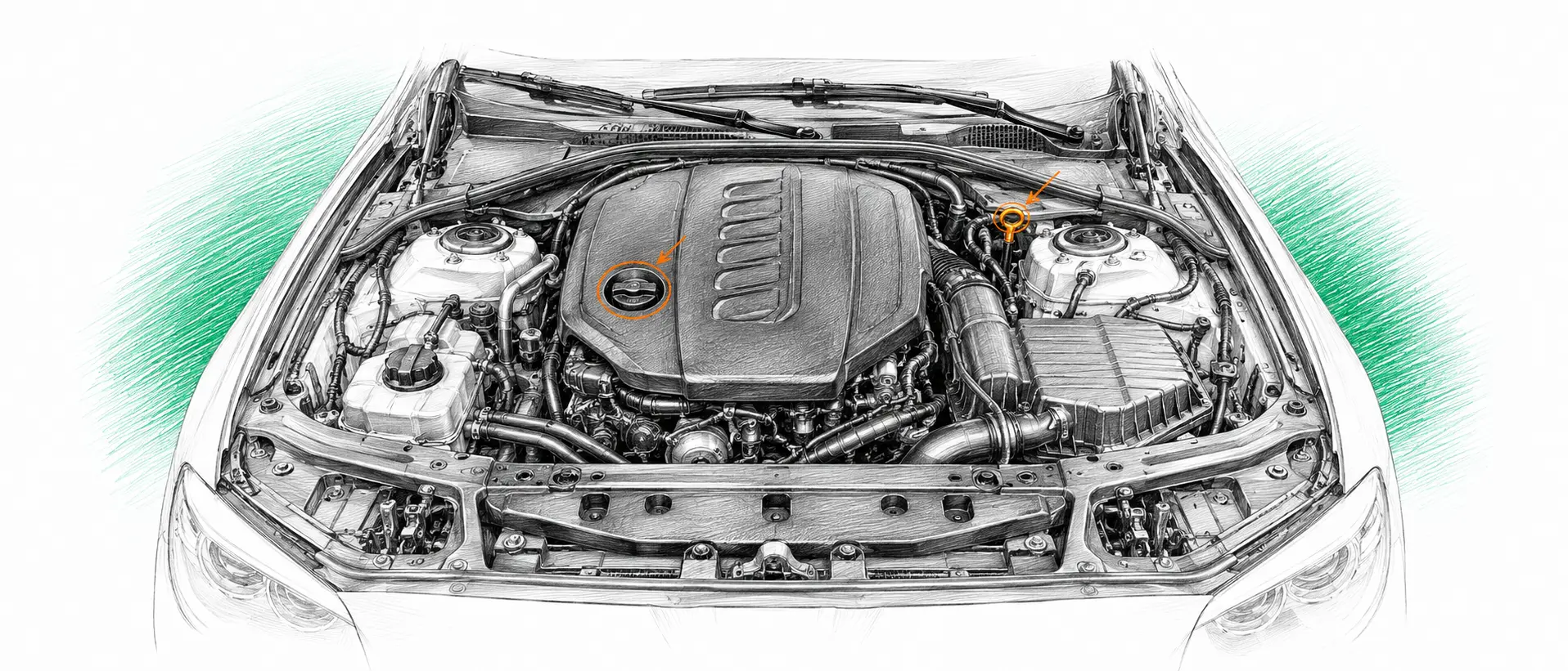 Illustration technique du moteur BMW Série 5 F10/F11 520d avec jauge et bouchon de remplissage d’huile
