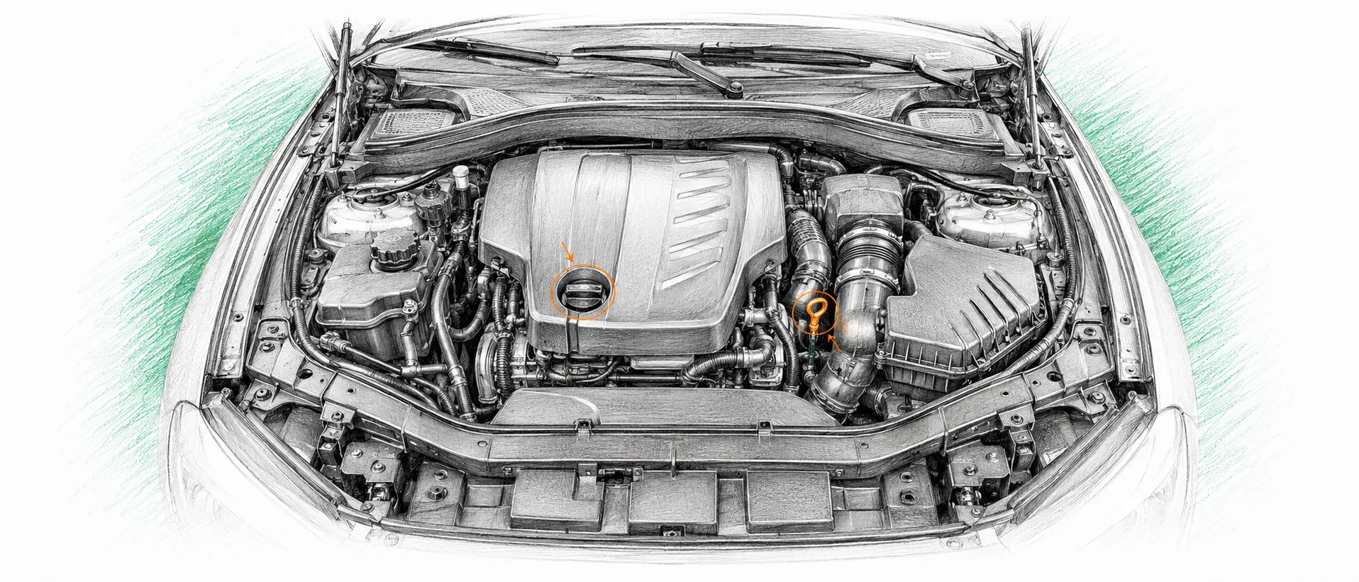 Illustration technique du moteur BMW X1 E84 18d avec jauge et bouchon de remplissage d’huile