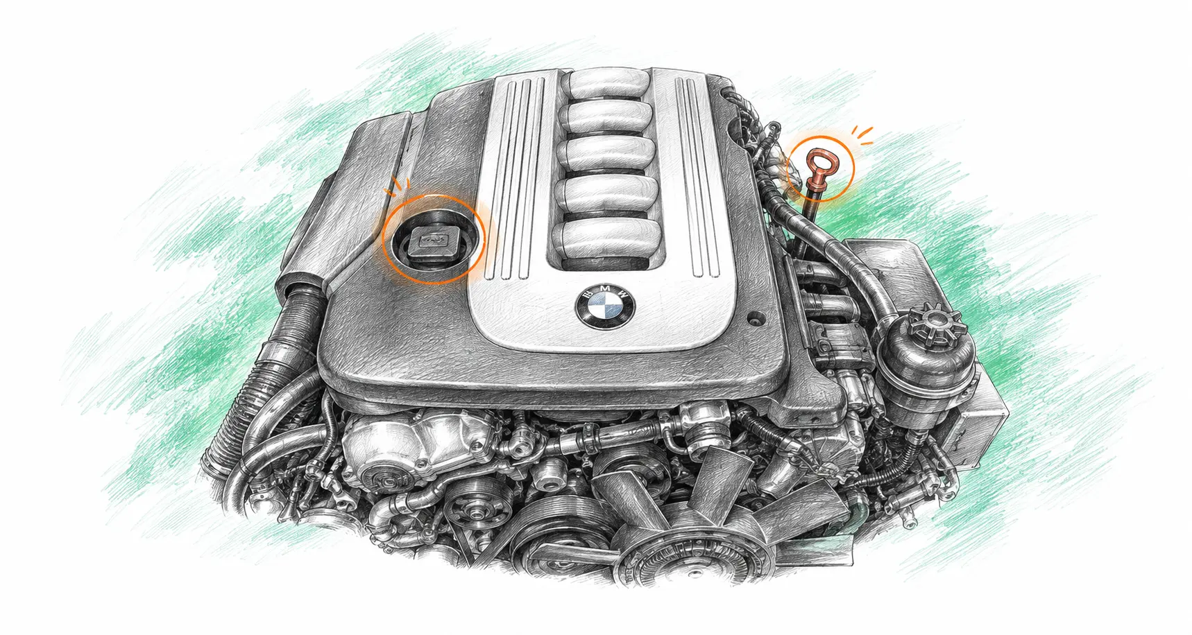 Illustration technique du moteur BMW X1 E84 18d avec jauge et bouchon de remplissage d’huile