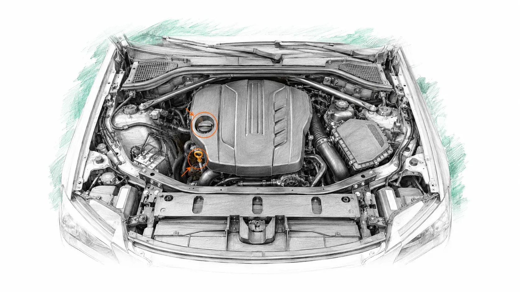 Illustration technique du moteur BMW X3 F25 20d avec jauge et bouchon de remplissage d’huile
