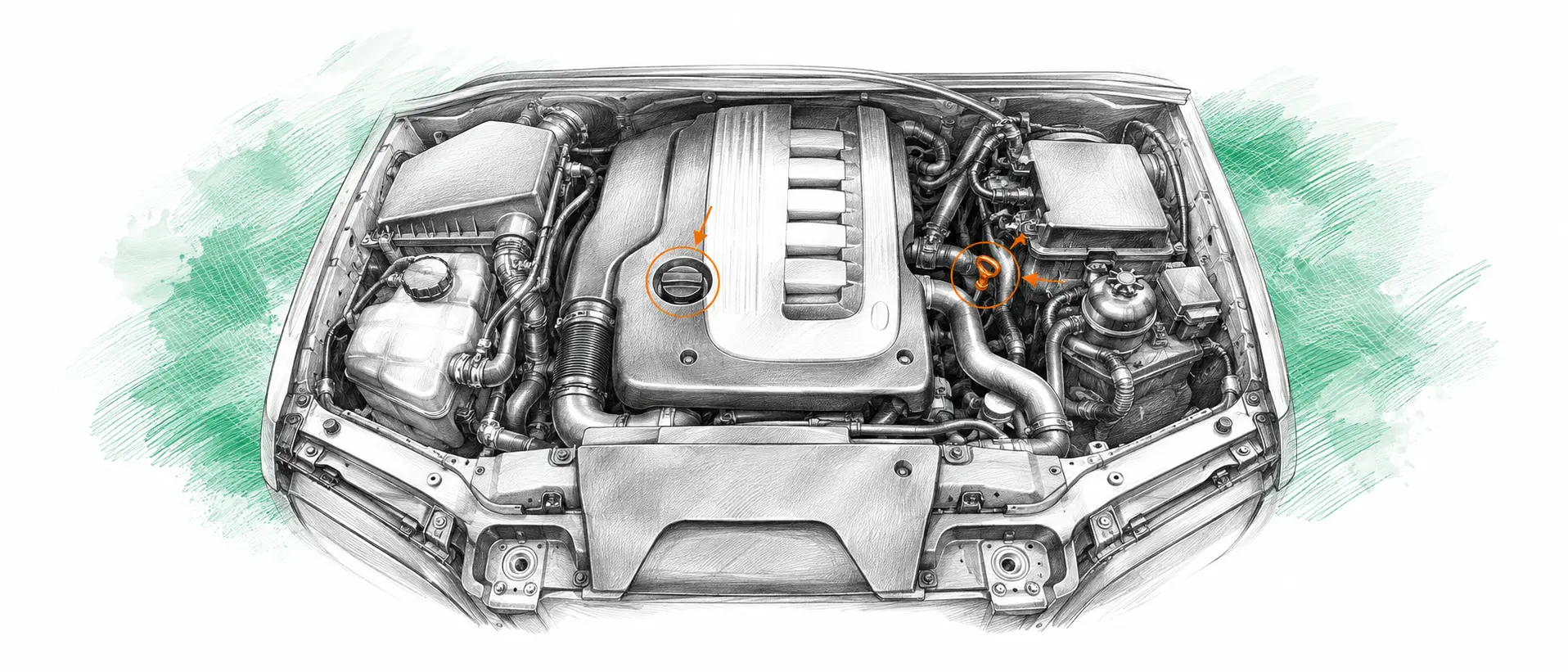 Illustration technique du moteur BMW X5 E53 3.0d avec jauge et bouchon de remplissage d’huile
