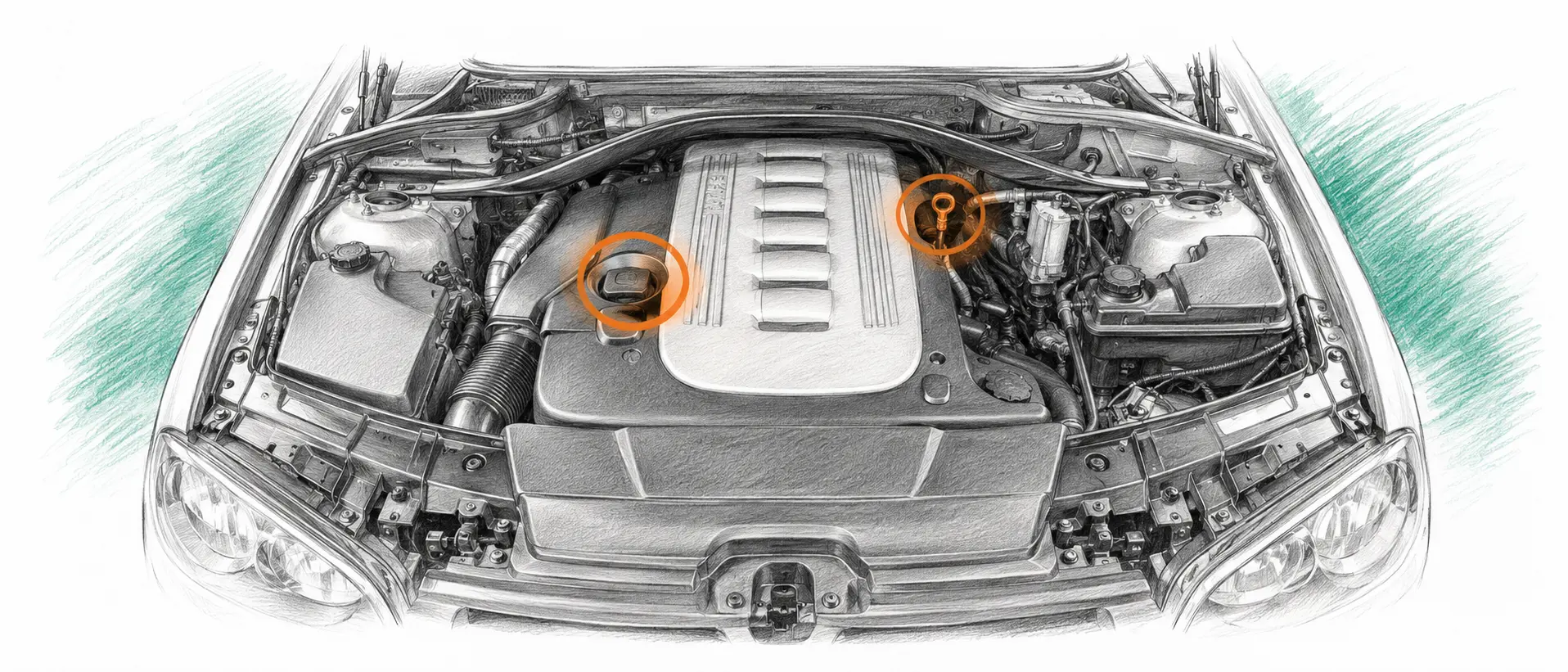 Illustration technique du moteur BMW X5 E70 30d avec jauge et bouchon de remplissage d’huile