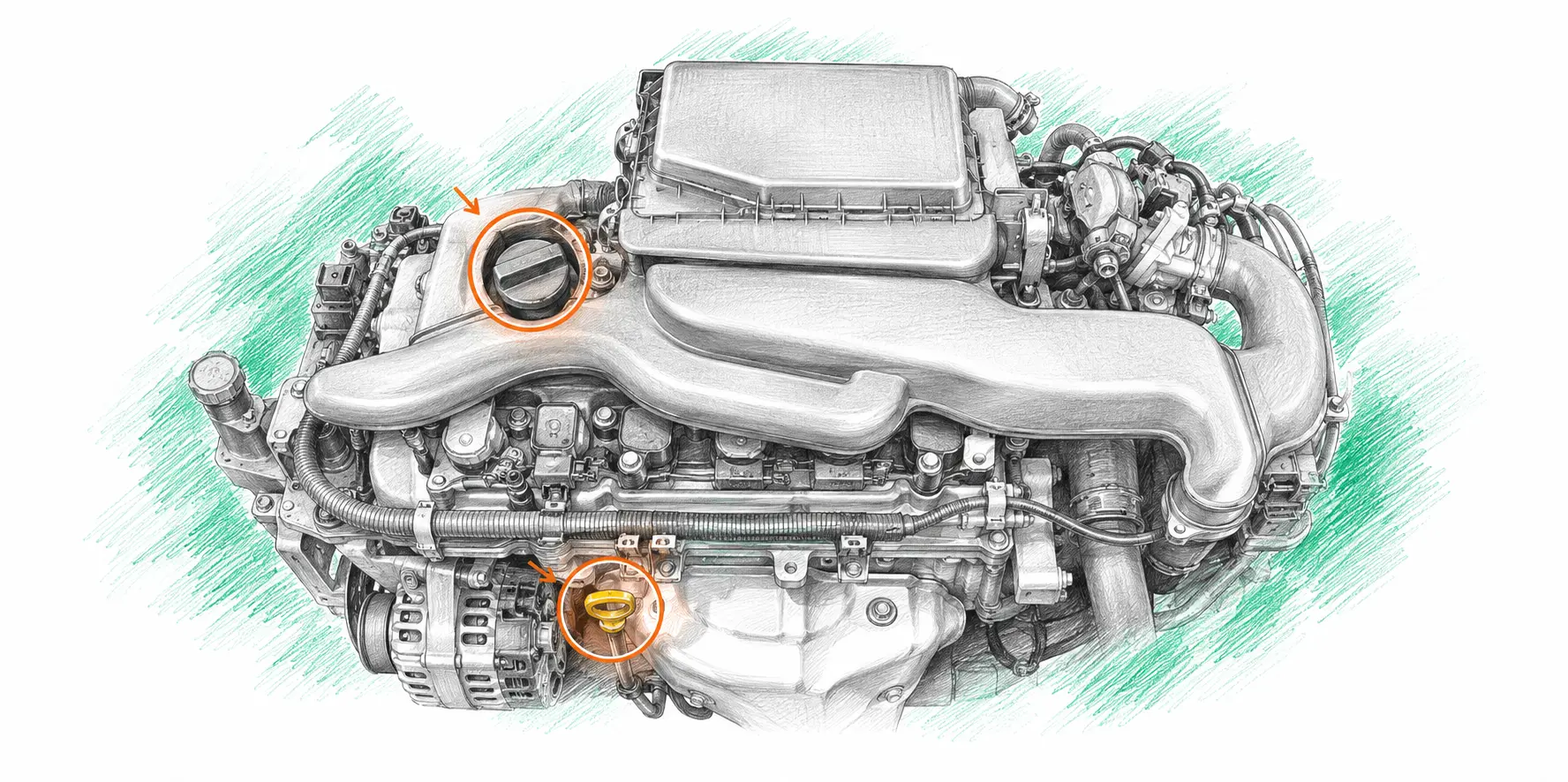 Illustration technique du moteur Citroën C1 1.0 essence avec jauge et bouchon de remplissage d’huile