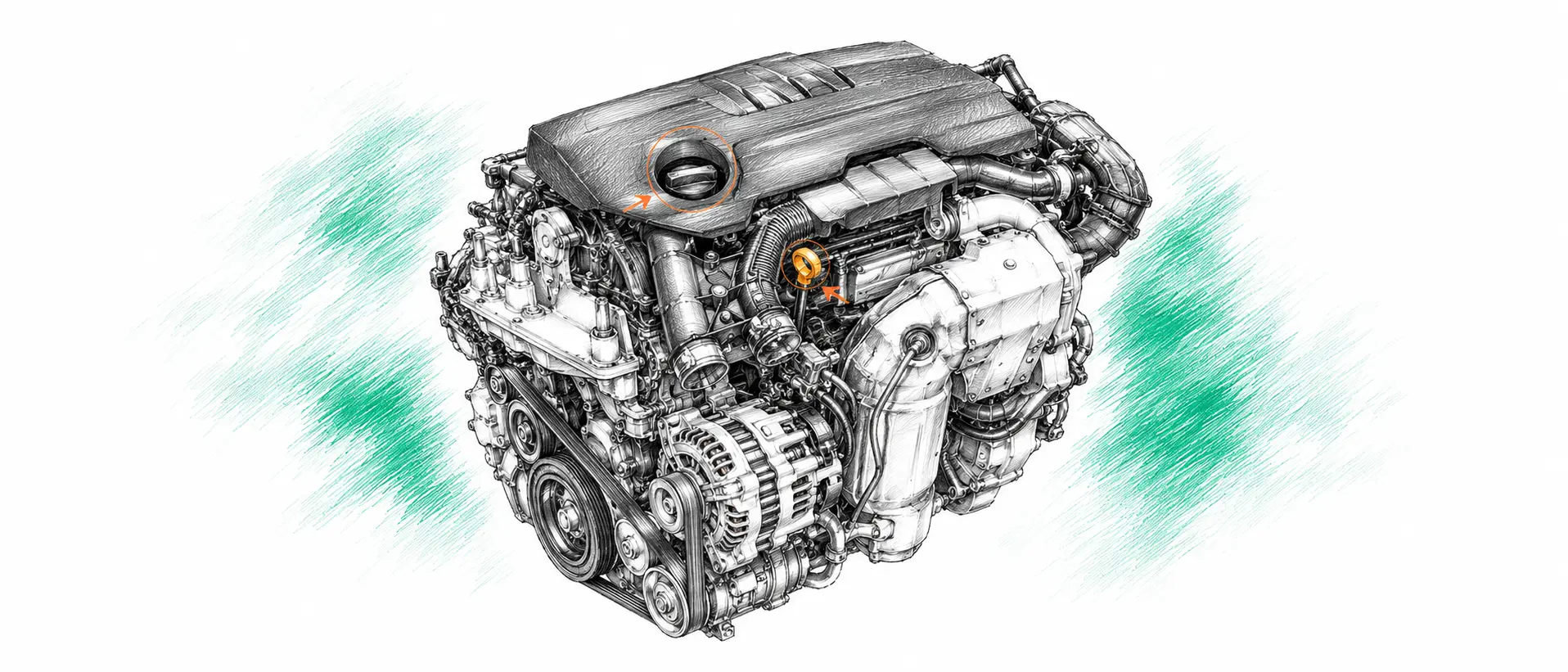 Illustration technique du moteur Citroën C3 Aircross 1.2 PureTech avec jauge et bouchon de remplissage d’huile