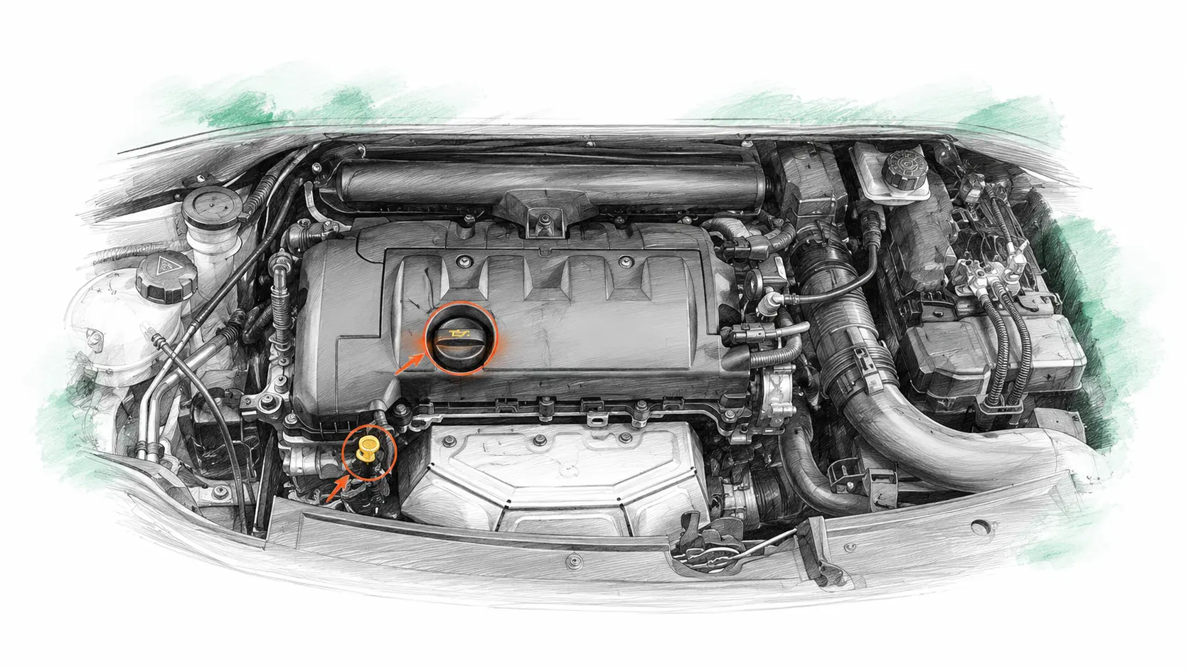 Illustration technique du moteur Citroën C3 Picasso 1.4 VTi avec jauge et bouchon de remplissage d’huile