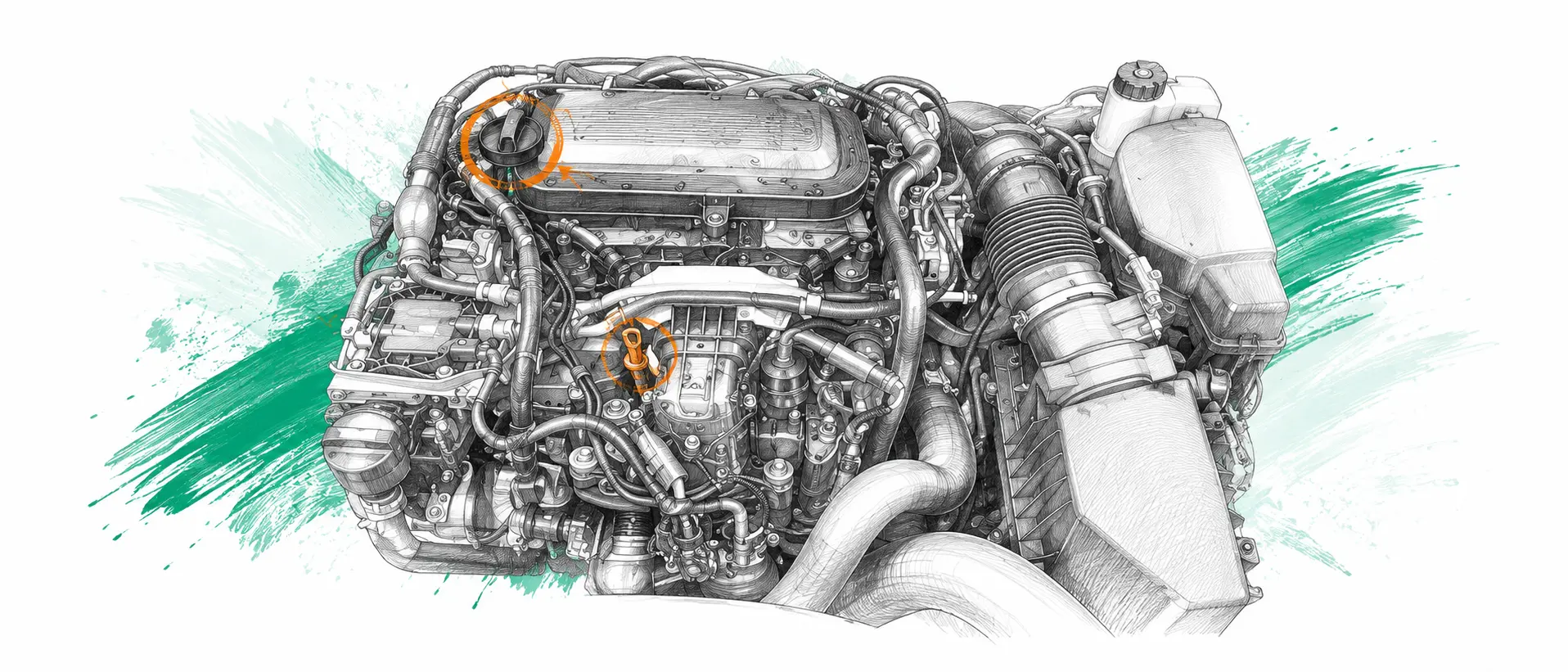 Illustration technique du moteur Citroën C5 1 2.0 HDi avec jauge et bouchon de remplissage d’huile