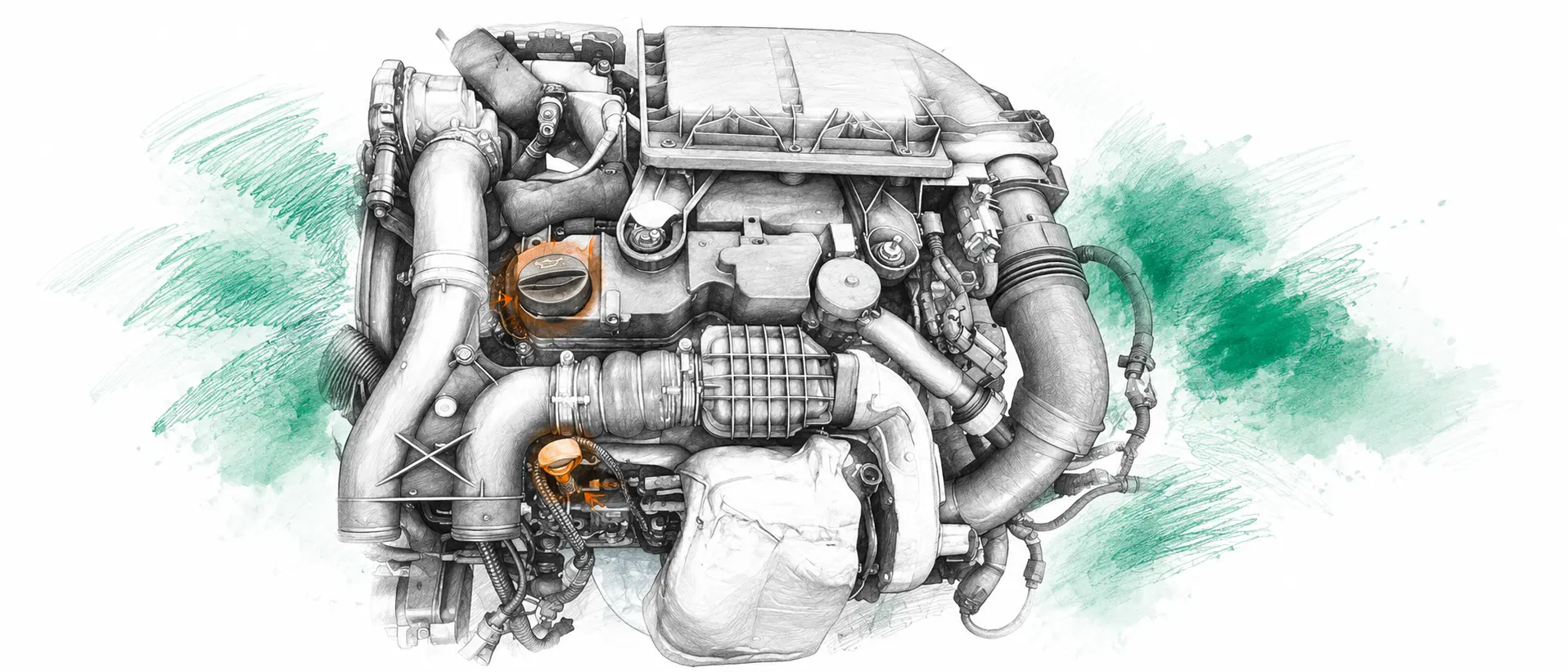 Illustration technique du moteur Citroën C5 2 1.6 HDi avec jauge et bouchon de remplissage d’huile