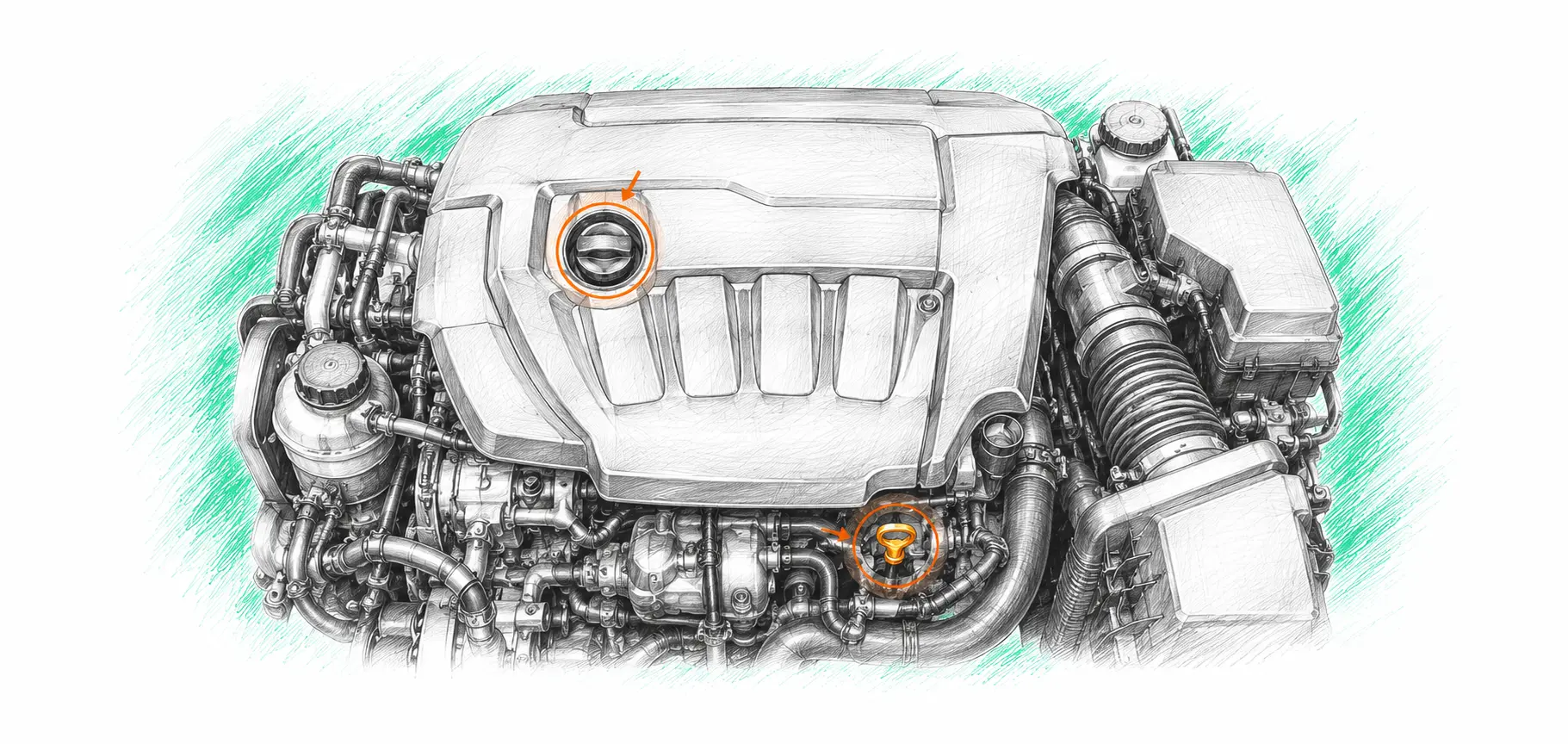 Illustration technique du moteur Citroën C8 2.2 HDi avec jauge et bouchon de remplissage d’huile