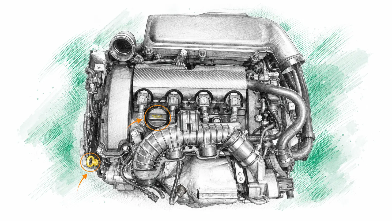 Illustration technique du moteur Citroën DS3 1.6 THP avec jauge et bouchon de remplissage d’huile