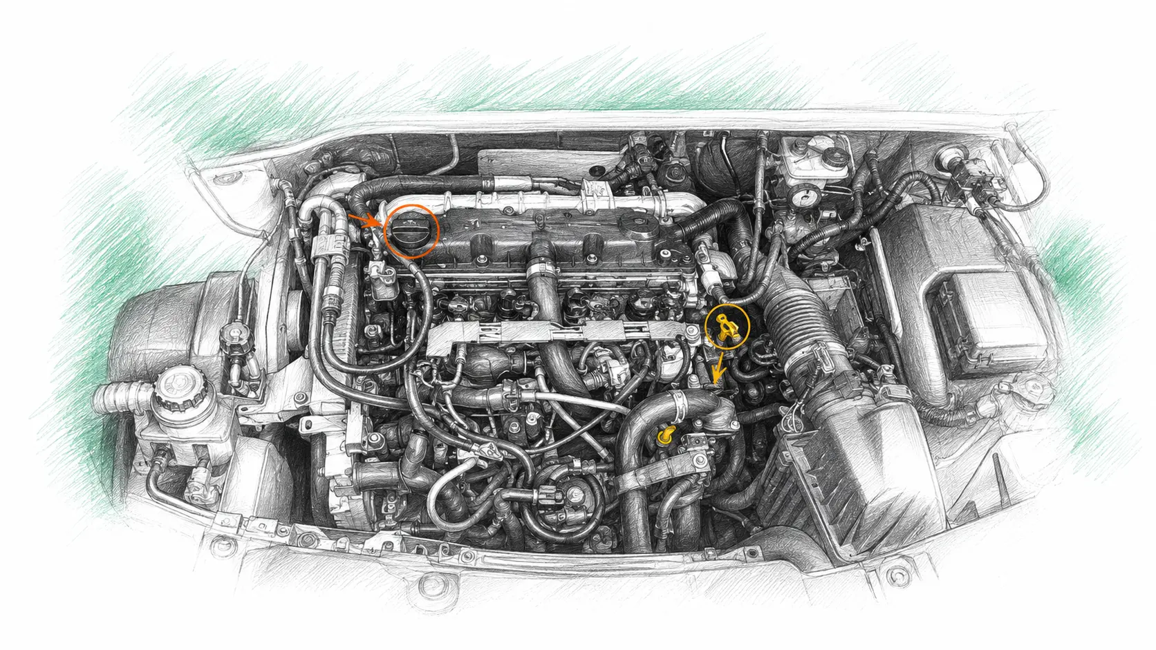 Illustration technique du moteur Citroën Jumpy 2 2.0 HDi avec jauge et bouchon de remplissage d’huile