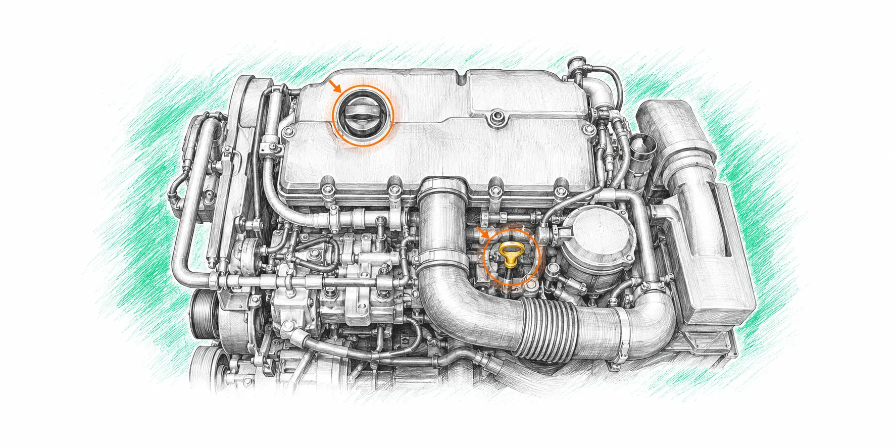 Illustration technique du moteur Citroën Xsara 1.9 D avec jauge et bouchon de remplissage d’huile