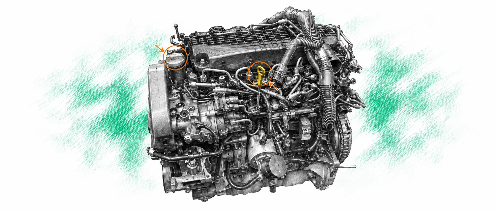 Illustration technique du moteur Dacia Logan 1.5 DCI avec jauge et bouchon de remplissage d’huile