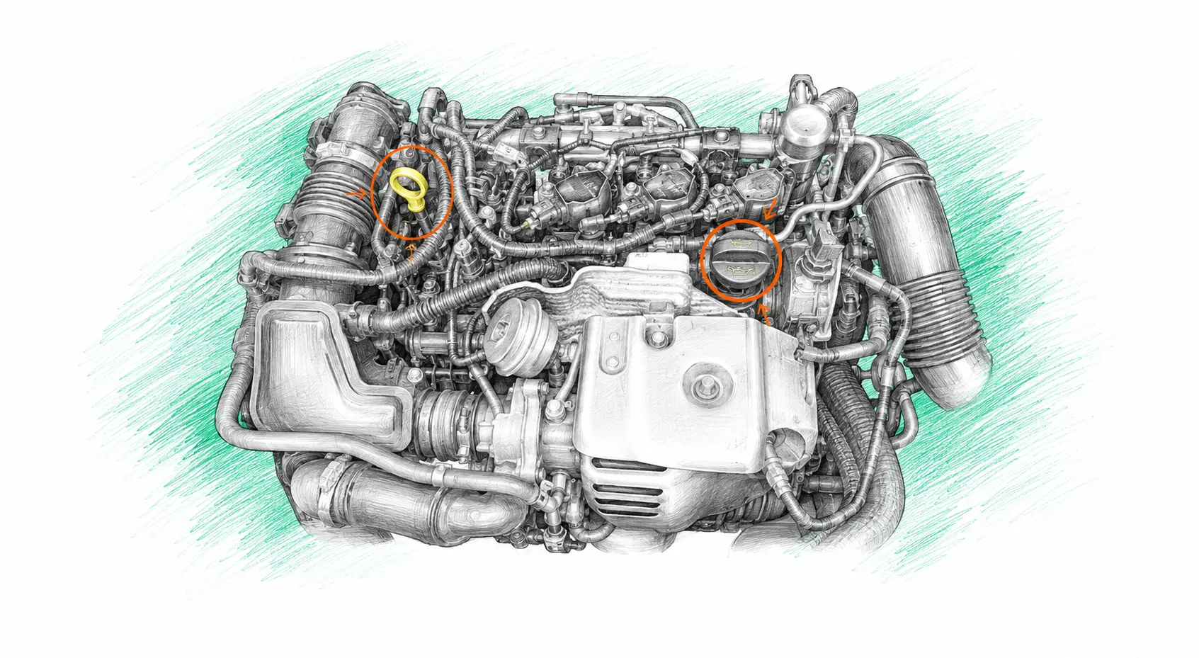 Illustration technique du moteur Ford B-Max 1.0 EcoBoost avec jauge et bouchon de remplissage d’huile