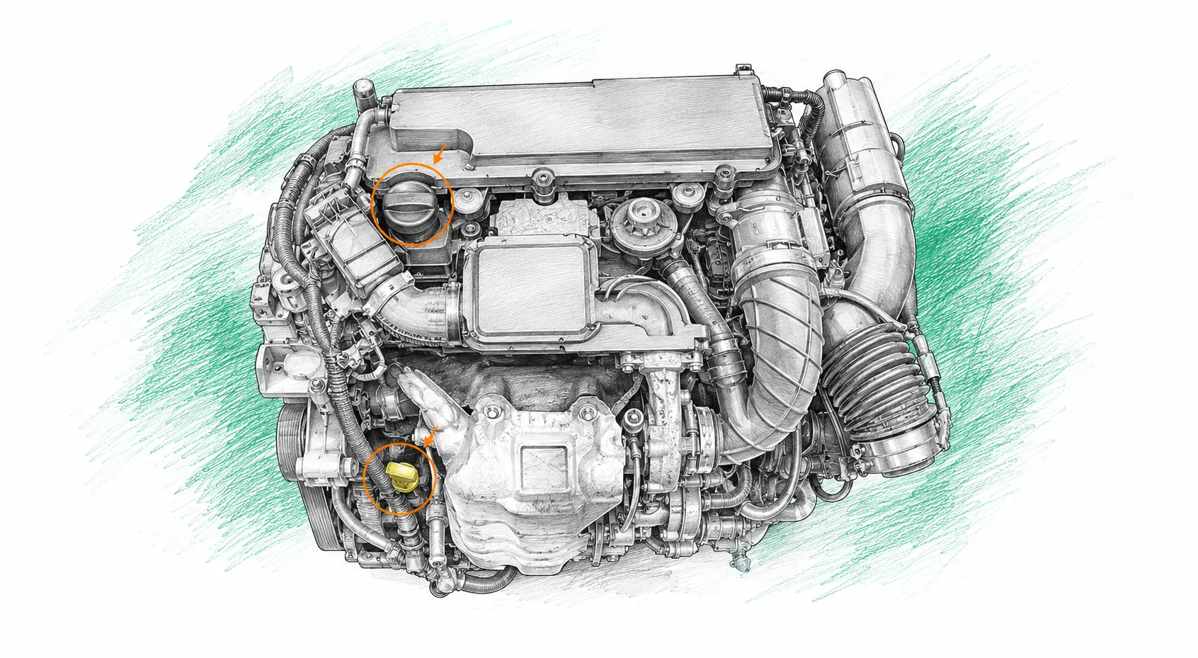 Illustration technique du moteur Ford EcoSport 1 1.5 TDCi avec jauge et bouchon de remplissage d’huile