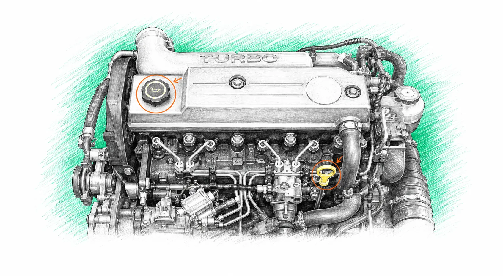 Illustration technique du moteur Ford Escort 6 1.8 TD avec jauge et bouchon de remplissage d’huile