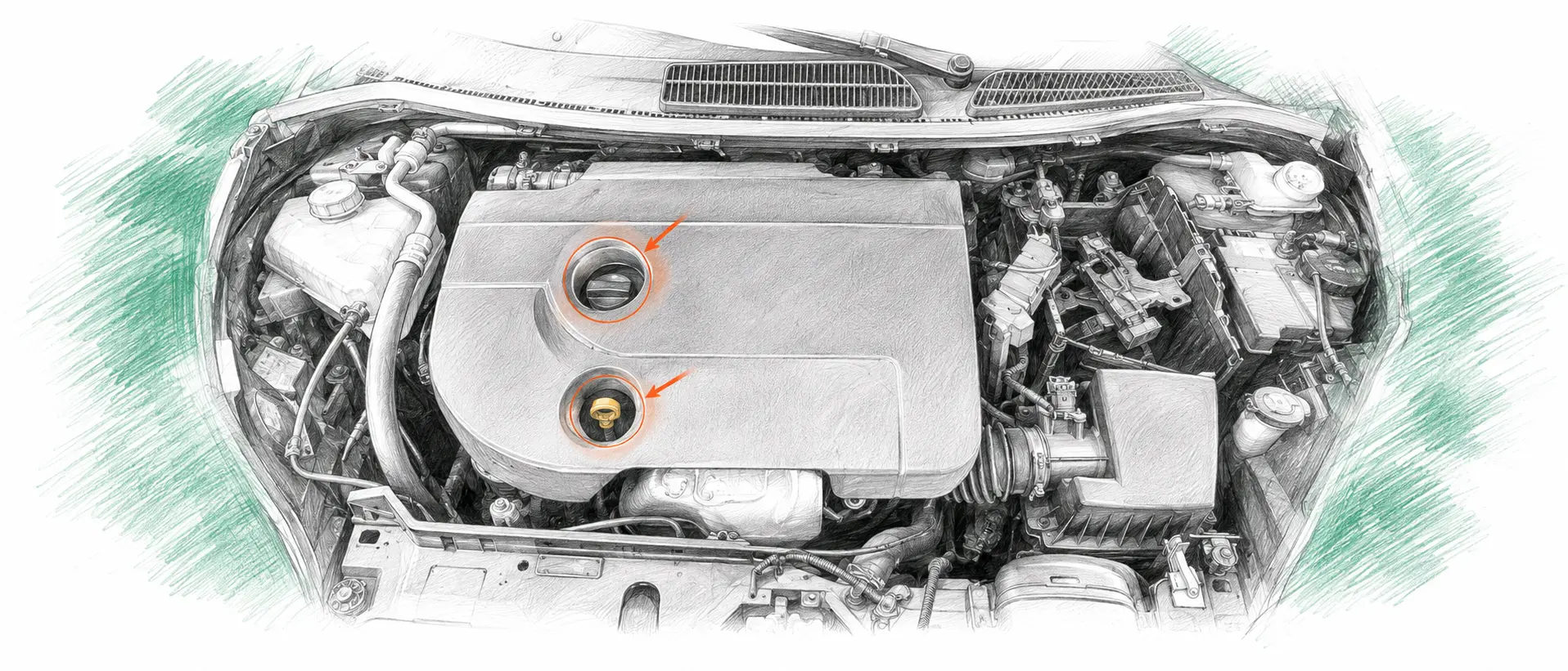 Illustration technique du moteur Ford Fiesta 1.4 TDCi avec jauge et bouchon de remplissage d’huile