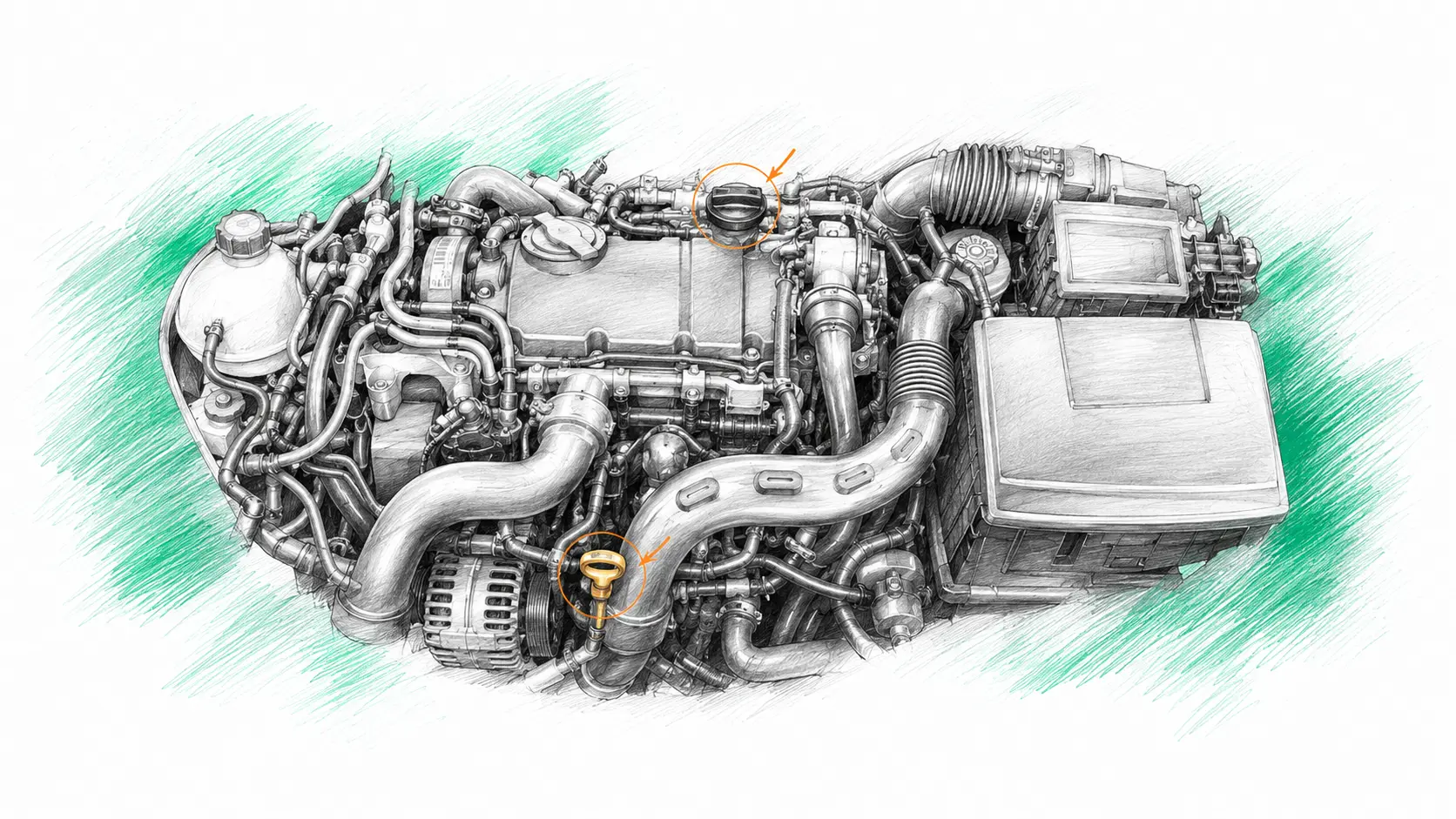 Illustration technique du moteur Ford Galaxy WGR 1.9 TDI avec jauge et bouchon de remplissage d’huile