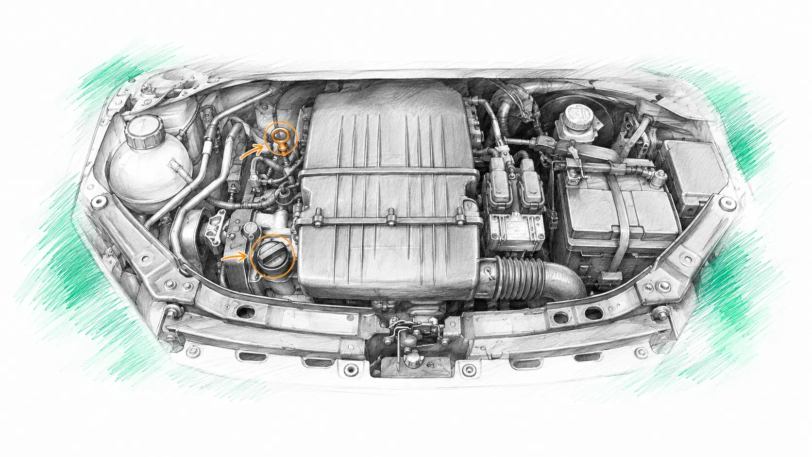 Illustration technique du moteur Ford Ka 2 1.2 essence avec jauge et bouchon de remplissage d’huile