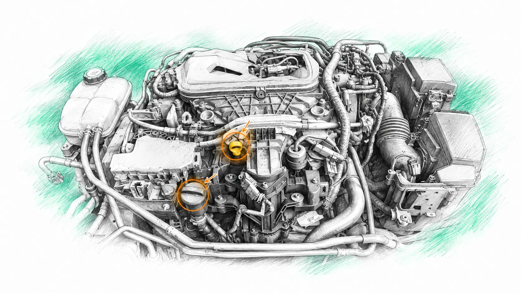 Illustration technique du moteur Ford Kuga 1 2.0 TDCi avec jauge et bouchon de remplissage d’huile