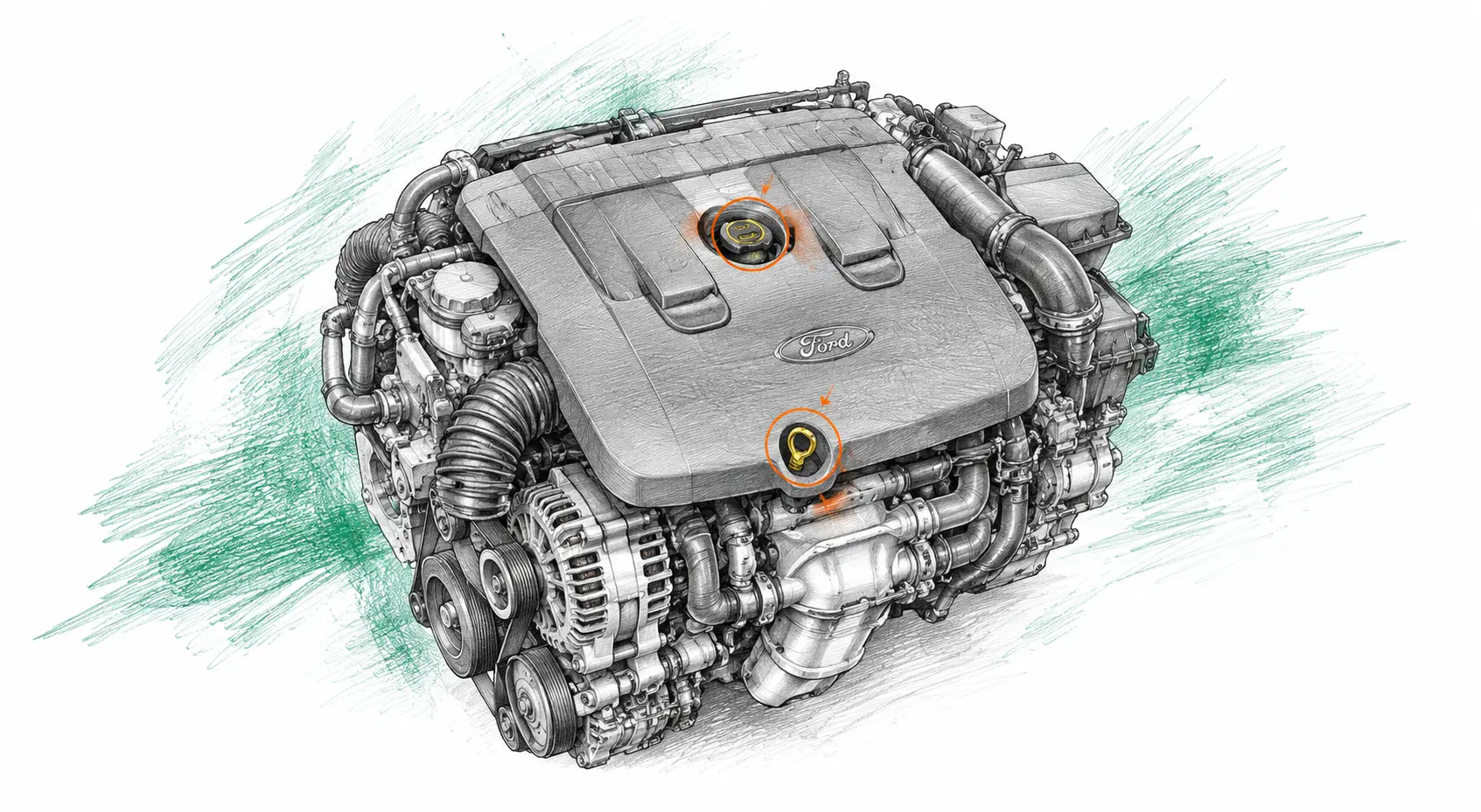 Illustration technique du moteur Ford Mondeo 4 2.0 TDCi avec jauge et bouchon de remplissage d’huile