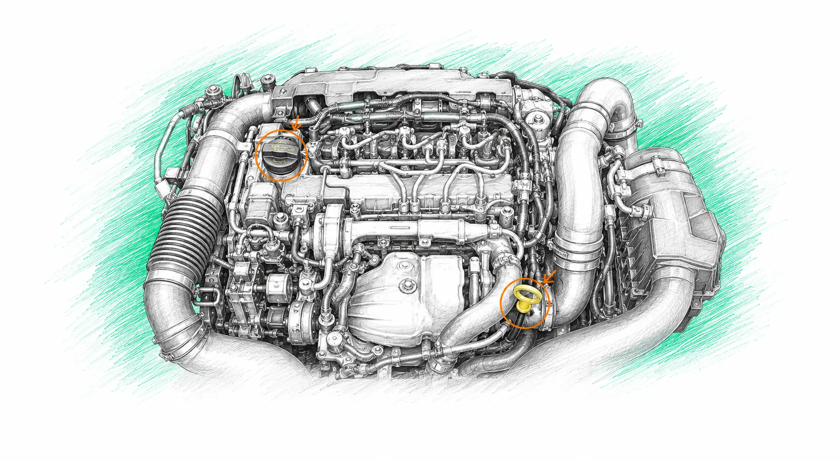 Illustration technique du moteur Ford Ranger 3 2.2 TDCi avec jauge et bouchon de remplissage d’huile