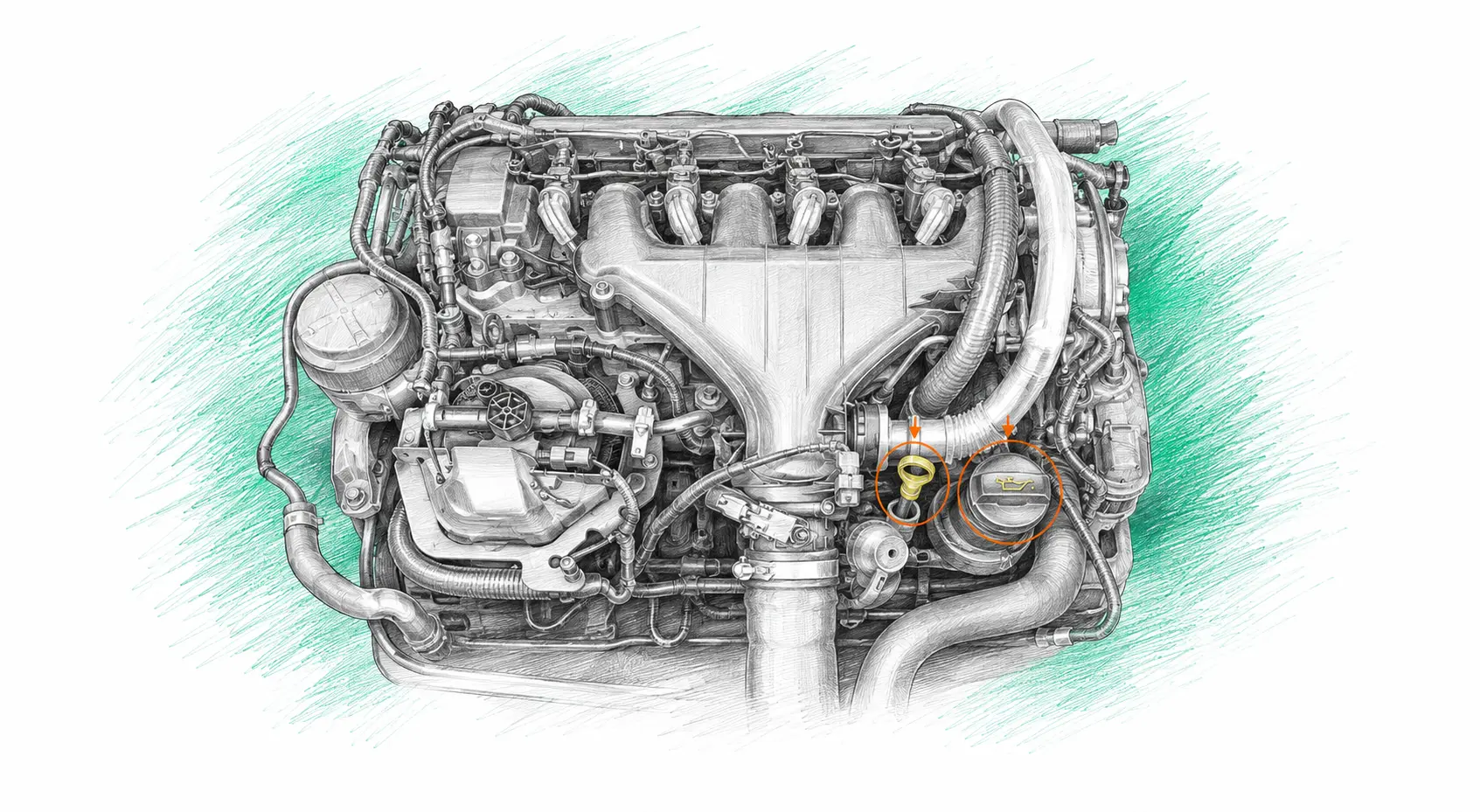 Illustration technique du moteur Ford S-Max 1 2.0 TDCi avec jauge et bouchon de remplissage d’huile