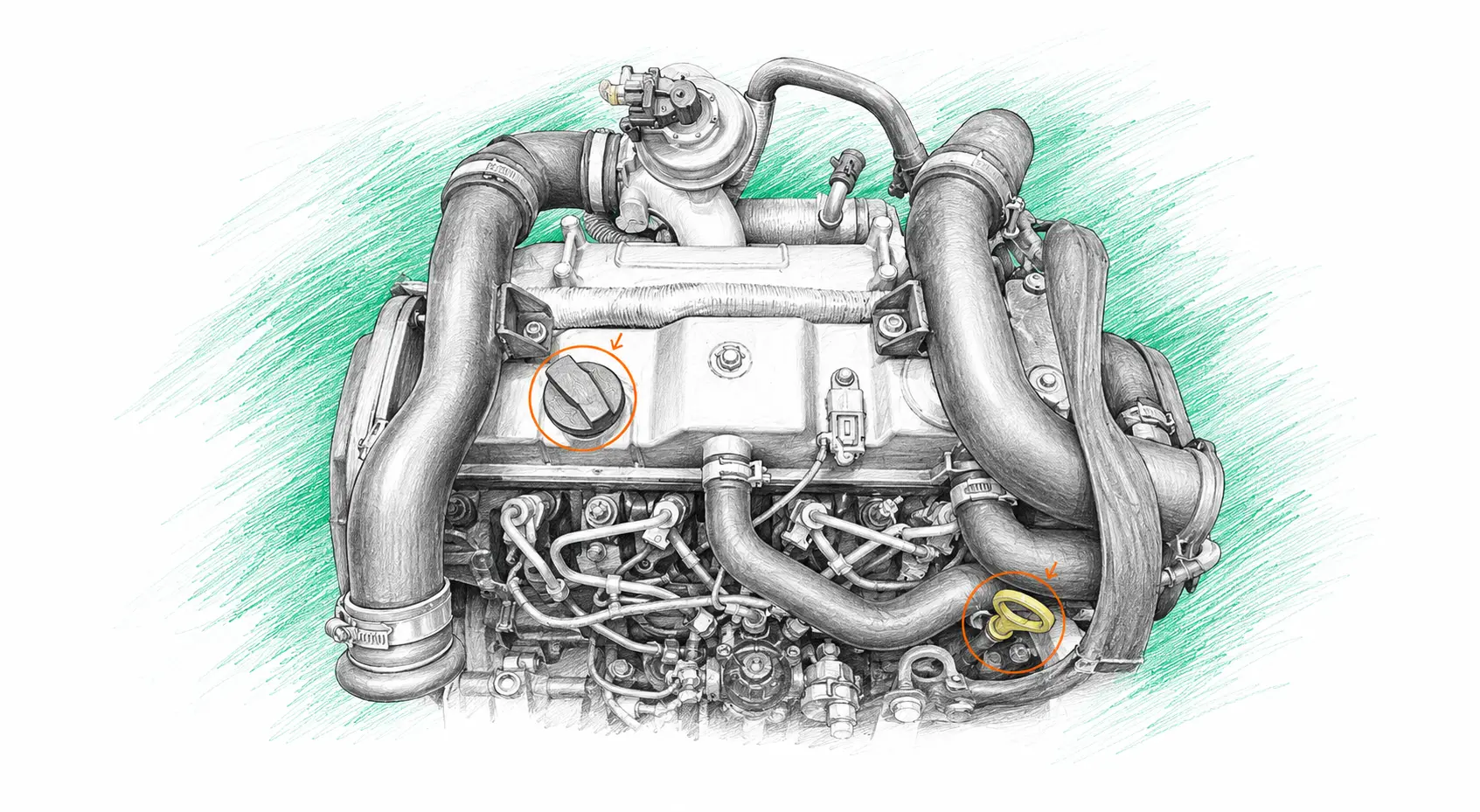 Illustration technique du moteur Ford Transit Connect 1 1.8 TDCi avec jauge et bouchon de remplissage d’huile