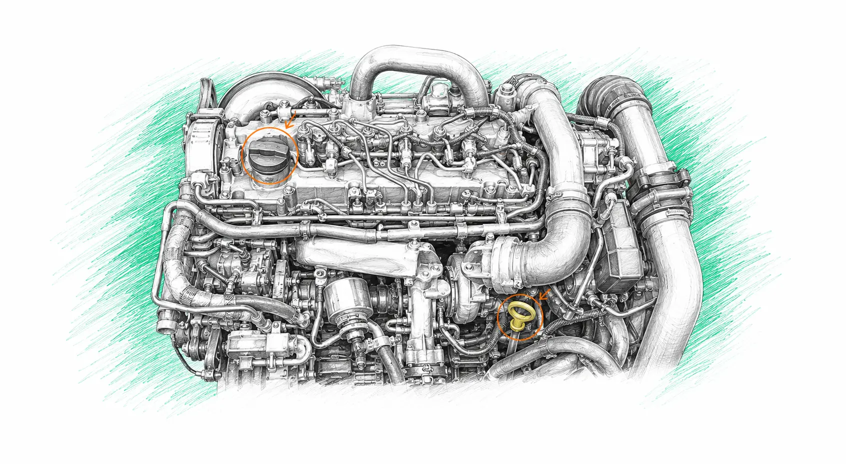 Illustration technique du moteur Ford Transit Custom 1 2.2 TDCi avec jauge et bouchon de remplissage d’huile