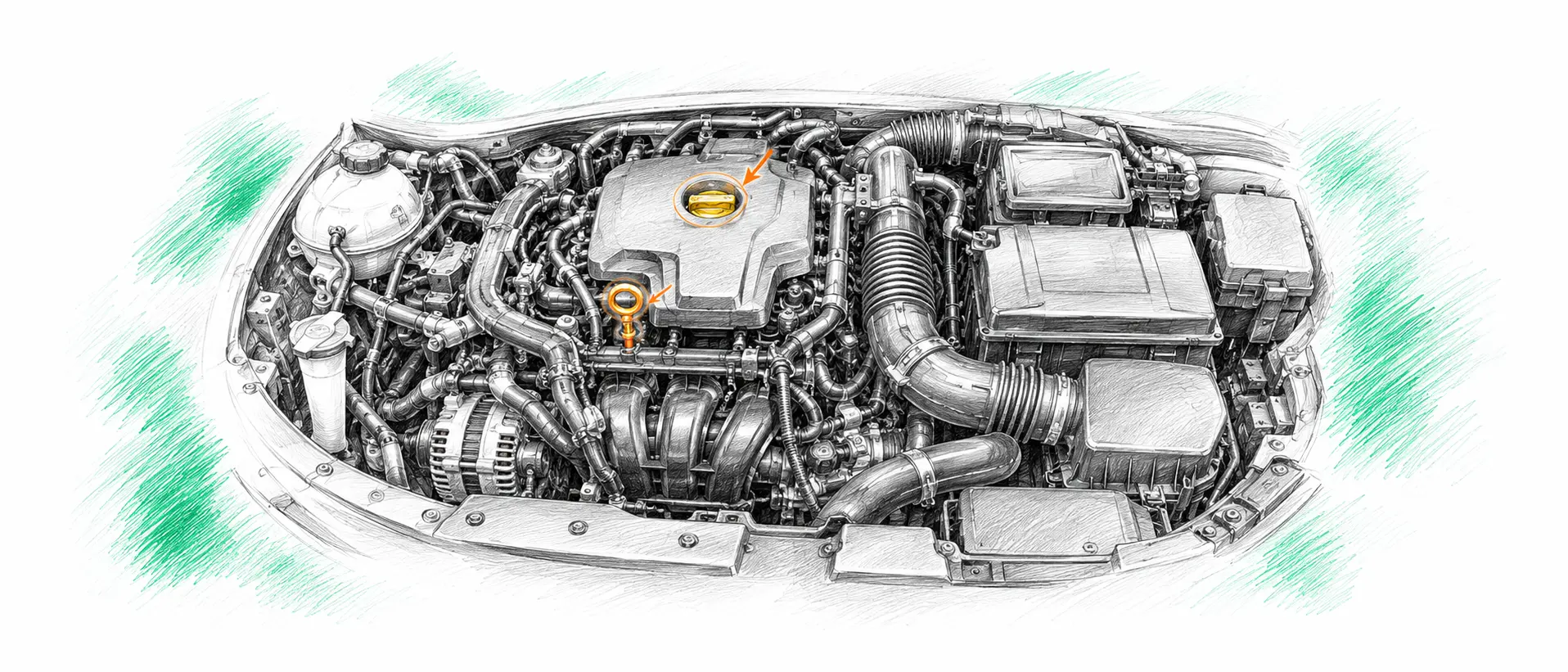 Illustration technique du moteur Hyundai i20 1.2 essence avec jauge et bouchon de remplissage d’huile